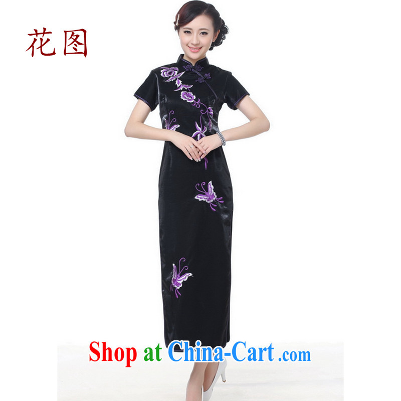 The spend the summer dresses improved retro dresses, for silk Chinese Embroidery long cheongsam dress - A black 2 XL