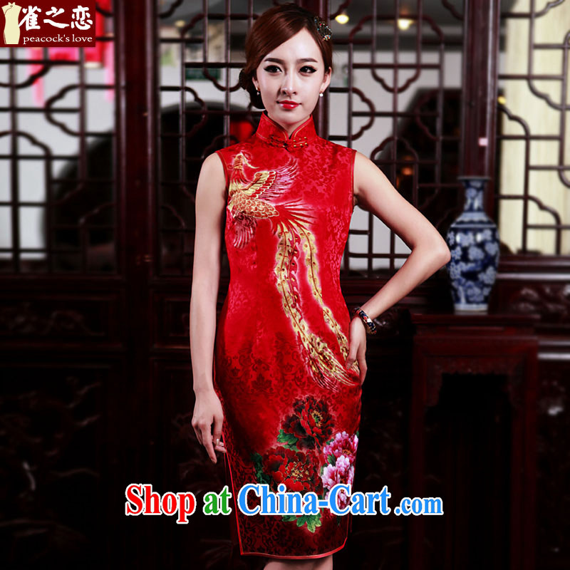 Birds of Colombia and of late 2015 spring new cheongsam dress Bong through Peony silk bridal wedding toast clothing cheongsam red L