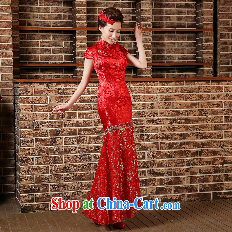 Flower Angel, marriage, bridal cheongsam embroidered Bong-long red dresses and stylish graphics thin, cheongsam dress evening dress uniform toasting red XXL, flower Angel (DUOQIMAN), online shopping