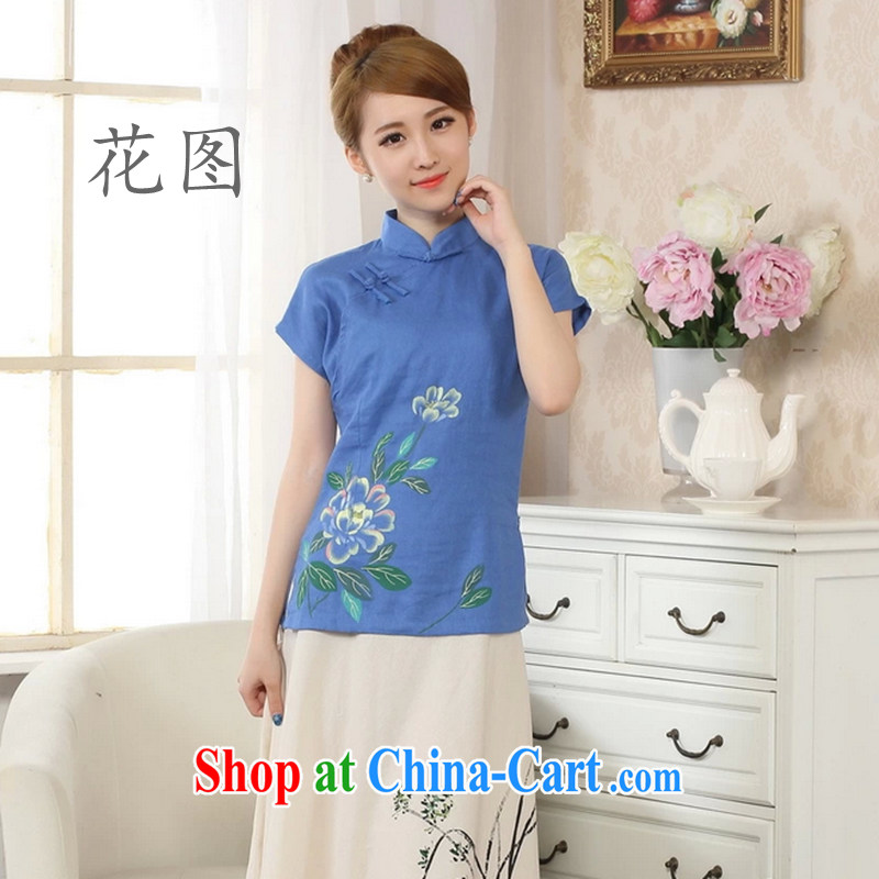 Take the new girls summer hand-painted dresses T-shirt cotton the linen Chinese Ethnic Wind blouses short-sleeved Tang is improved, for package mail blue 2 XL