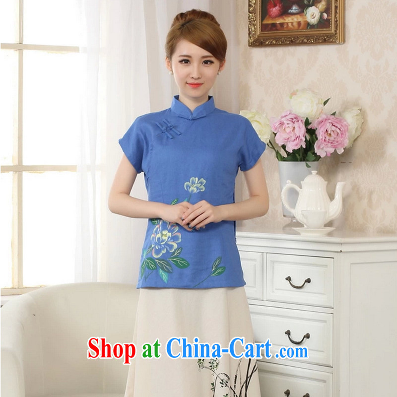 Take the new girls summer hand-painted dresses T-shirt cotton the linen Chinese Ethnic Wind blouses short-sleeved Tang is improved, for package mail blue 2 XL, figure, shopping on the Internet