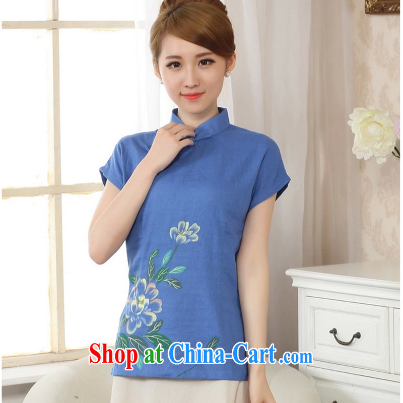 Take the new girls summer hand-painted dresses T-shirt cotton the linen Chinese Ethnic Wind blouses short-sleeved Tang is improved, for package mail blue 2 XL, figure, shopping on the Internet