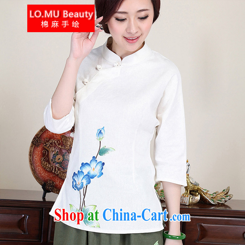 LO . MU Beauty autumn basket, the female hand-painted 4, T-shirt 7 cuff retro-tie Chinese China wind white XXL the XL