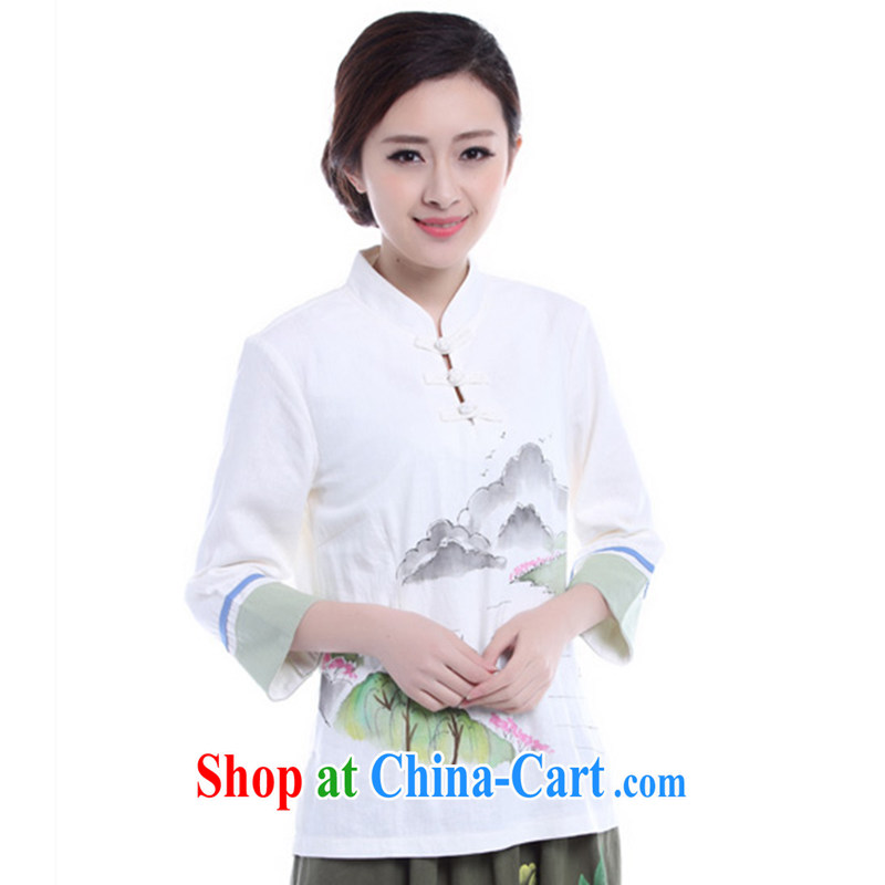 LO . MU Beauty cotton the girl fall, small, for a hand-painted T-shirt improved Chinese Han-summer retro art Feng Shui the landscape white XXL the XL, LO . MU Beauty, shopping on the Internet