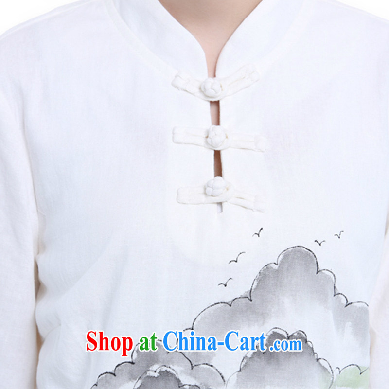 LO . MU Beauty cotton the girl fall, small, for a hand-painted T-shirt improved Chinese Han-summer retro art Feng Shui the landscape white XXL the XL, LO . MU Beauty, shopping on the Internet