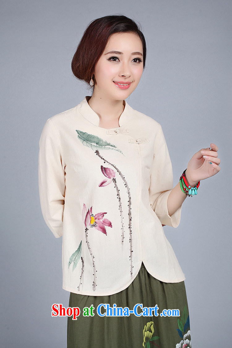 LO . MU Beauty autumn 2014 ladies cotton the retro Lotus hand-painted short cheongsam girls T-shirt with short yellow XXL the XL pictures, price, brand platters! Elections are good character, the national distribution, so why buy now enjoy more preferential! Health