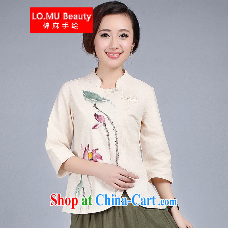 LO . MU Beauty autumn 2014 ladies cotton the retro Lotus hand-painted short cheongsam girls T-shirt with short yellow XXL the XL