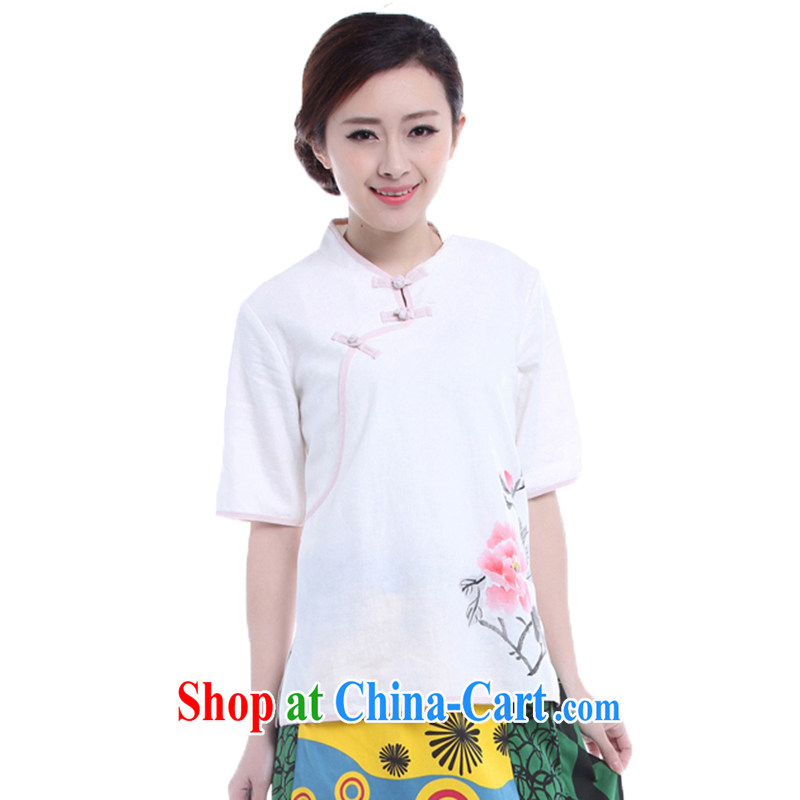 LO . MU Beauty original cotton the autumn, pink Peony hand-painted Chinese style Chinese Antique leisure Chinese T-shirt ladies white XS small code, LO . MU Beauty, shopping on the Internet