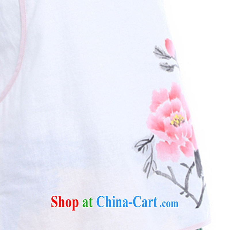 LO . MU Beauty original cotton the autumn, pink Peony hand-painted Chinese style Chinese Antique leisure Chinese T-shirt ladies white XS small code, LO . MU Beauty, shopping on the Internet