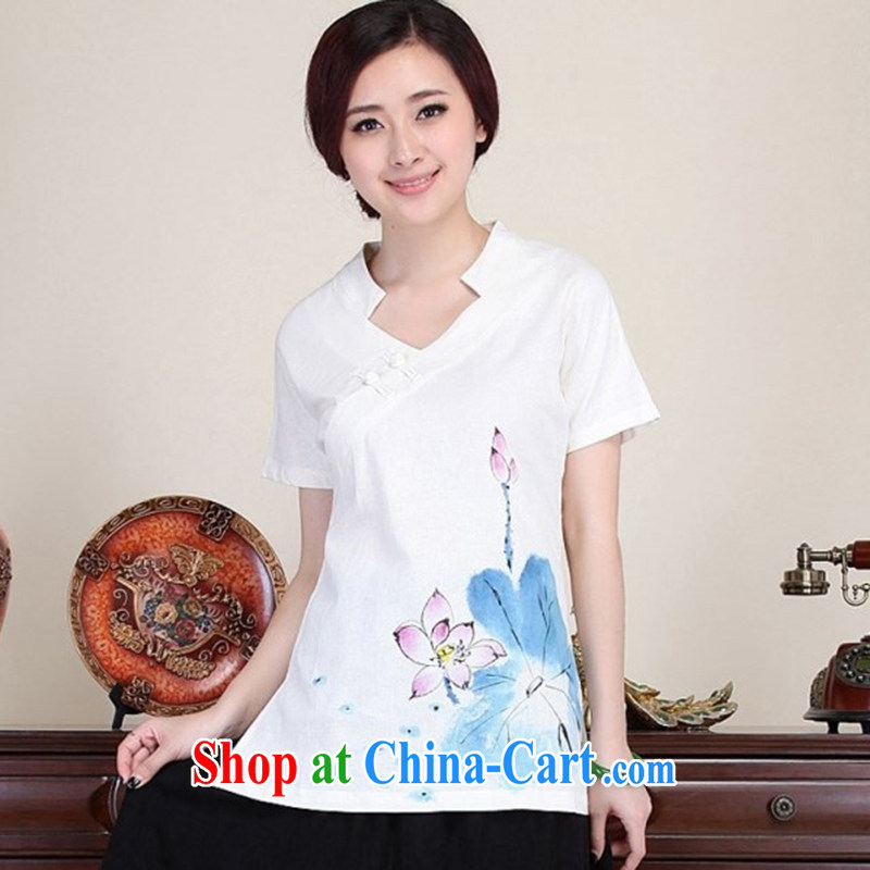 LO . MU Beauty original cotton the female hand-painted Lotus T-shirt Chinese wind-tie short-sleeved business for Chinese White XXL the XL, LO . MU Beauty, qipao/Tang, and shopping on the Internet