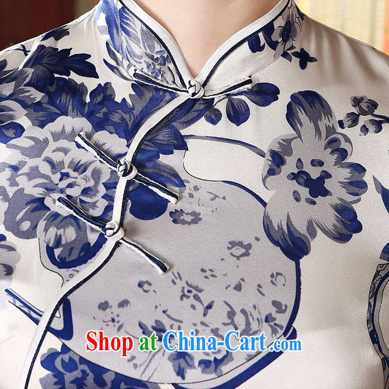 The CYD HO Kwun Tong' blue vases Silk Cheongsam dress 2015 spring and summer new retro blue sauna Silk Cheongsam stylish atmosphere with her mother QD 411 short-sleeved XXL, Sau looked Tang, shopping on the Internet