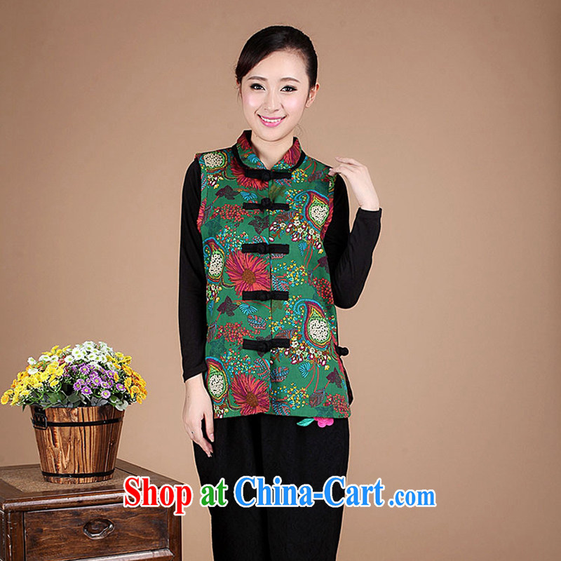 Tianqi Ashima figure 2015 spring new Ethnic Wind and stylish cotton stamp spell color for female Chinese T-shirt, old fat mom with vest, a green XL