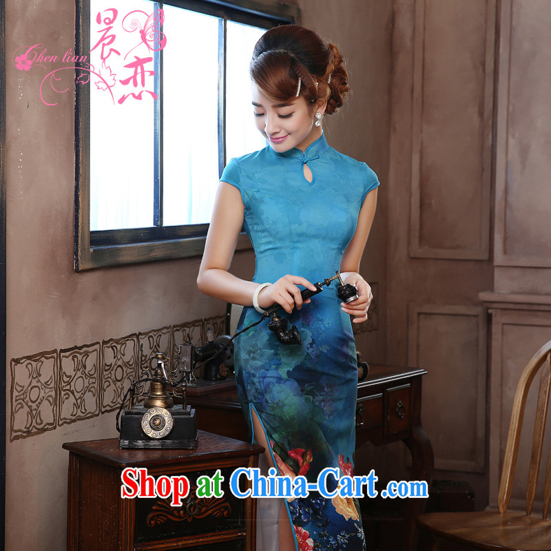 Morning dresses, new summer retro long improved stylish sauna silk silk Chinese qipao dress and the blue XL