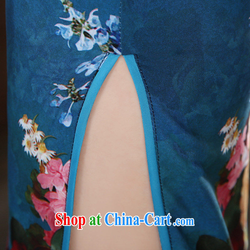 Morning dresses, new summer retro long improved stylish sauna silk silk Chinese qipao dress and the blue XL morning land, shopping on the Internet