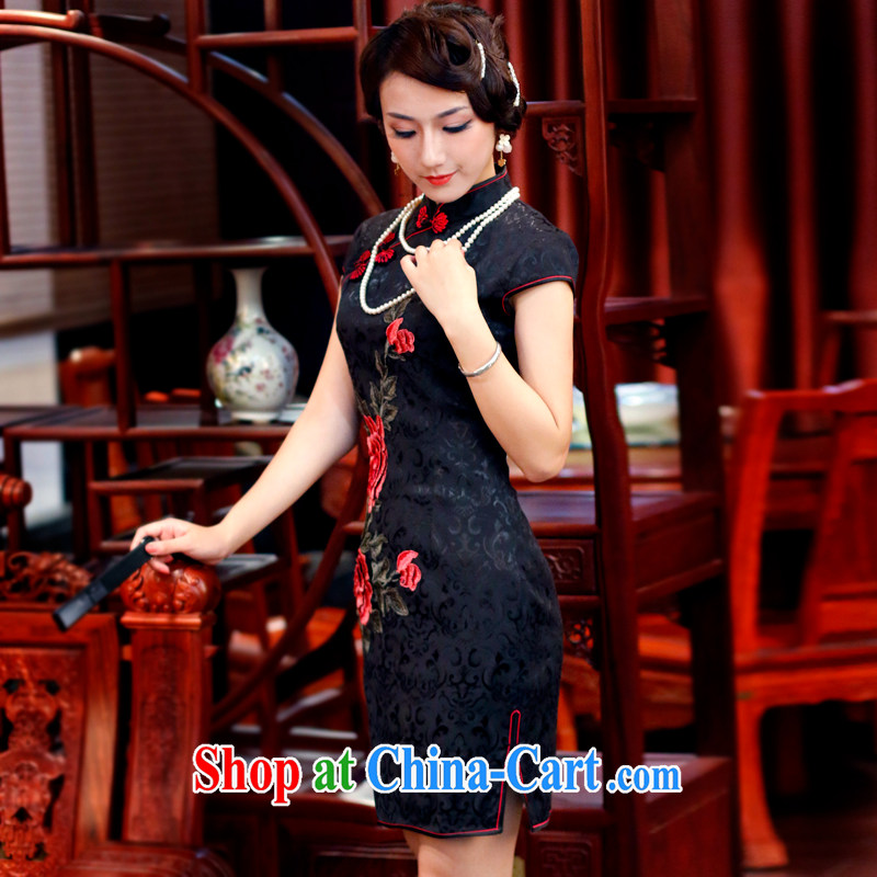 Unwind after the 2015 Spring, Summer jacquard cotton Peony embroidery style improved leisure short cheongsam 3015 3015 black L sporting, wind, shopping on the Internet