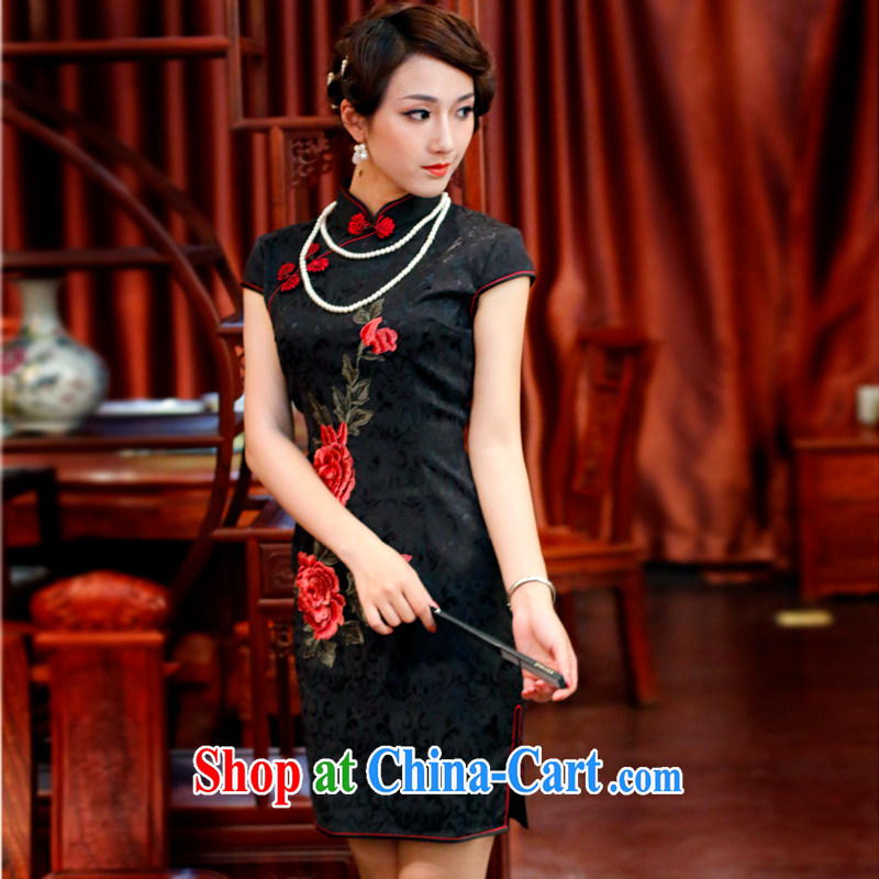Unwind after the 2015 Spring, Summer jacquard cotton Peony embroidery style improved leisure short cheongsam 3015 3015 black L sporting, wind, shopping on the Internet