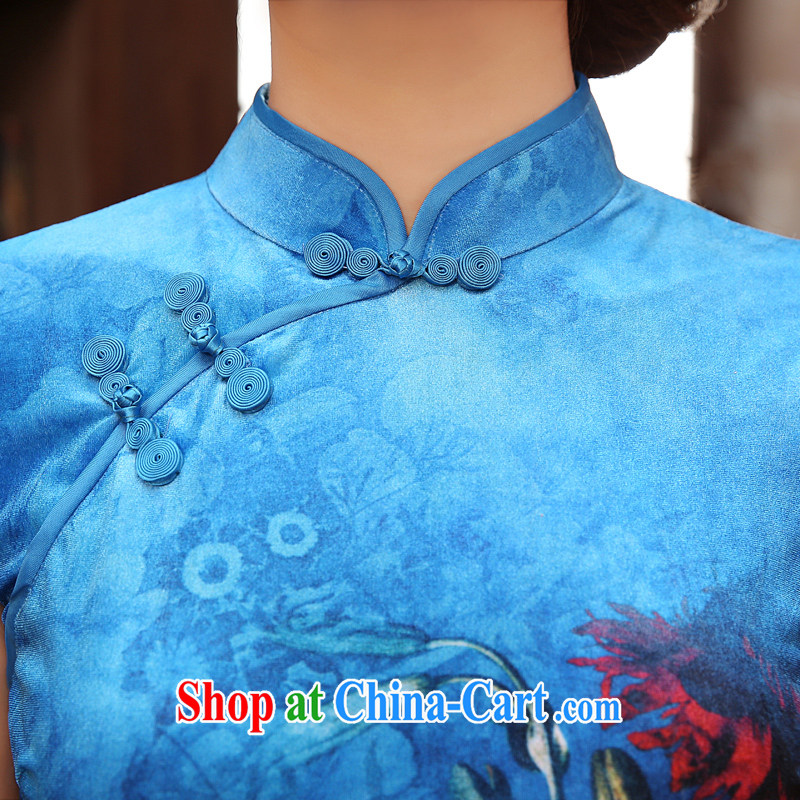 Early Morning, spring and autumn 2014 new stylish improved retro short-sleeved short velvet cuff in cheongsam dress with two-color blue XXL, Morning land, shopping on the Internet