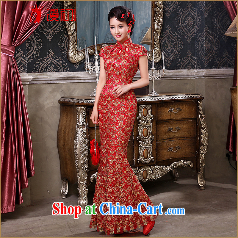 Early definition wedding dresses 2015 winter clothing new marriage toast serving long cultivating retro lace crowsfoot cheongsam red XXL