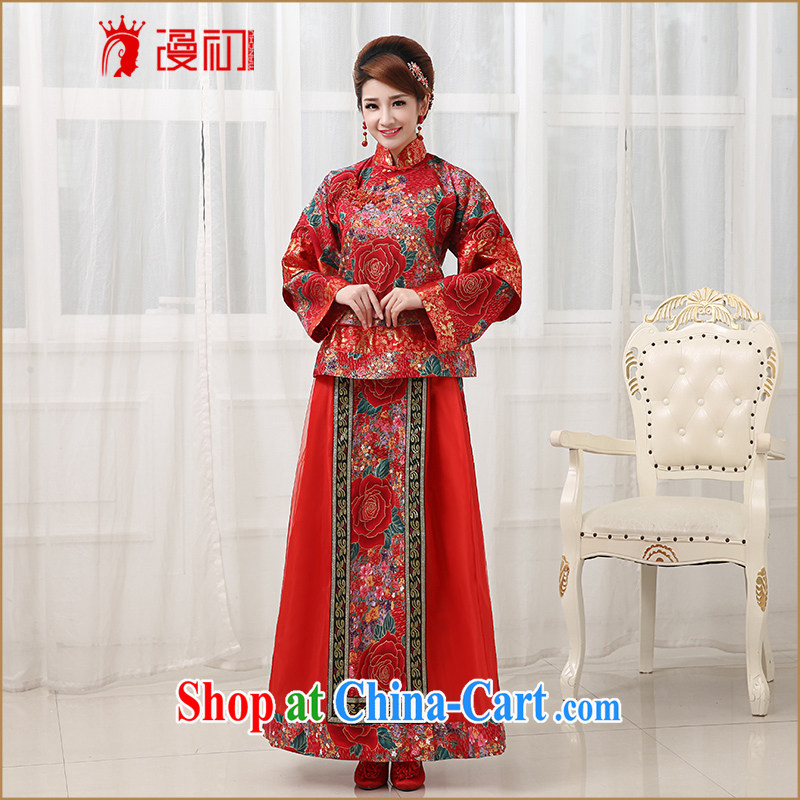 Early definition 2015 new Chinese wedding-su Wo service elegant atmosphere retro embroidery, for long-sleeved dresses costumes red XXL code