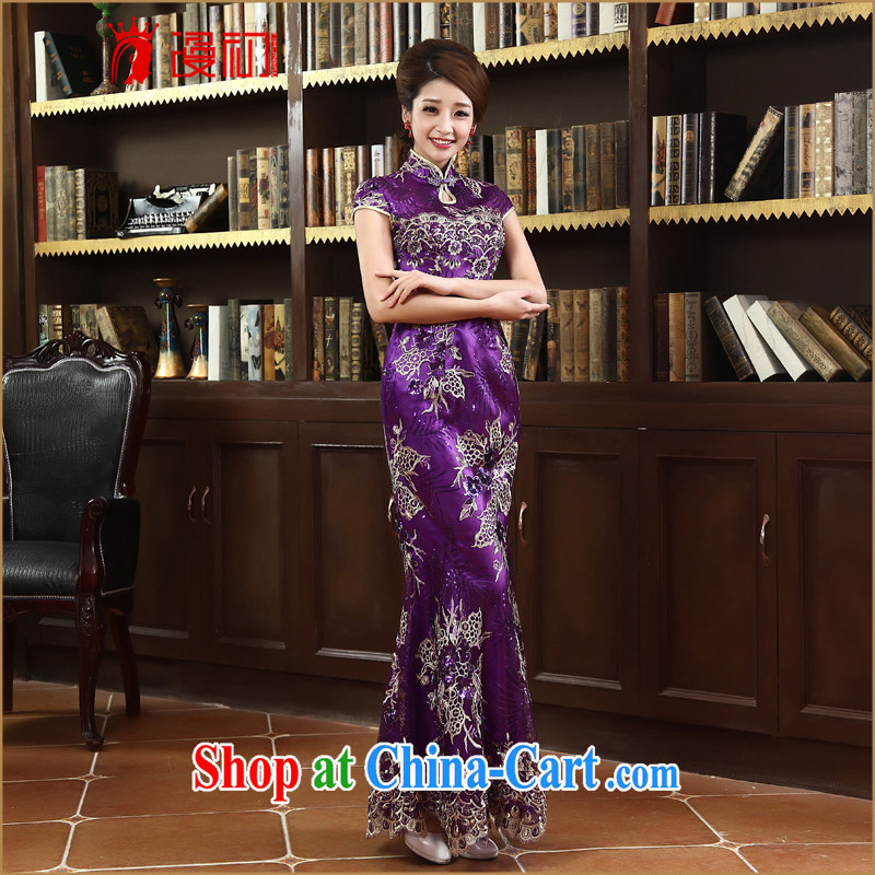 Definition 2015 early New lace cheongsam stylish improved cheongsam marriages served toast long robes, dark blue XXL, diffuse, and shopping on the Internet