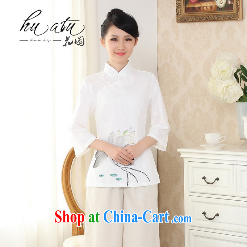 Spend the autumn and the new hand-painted dresses T-shirt cotton the linen Chinese Ethnic Wind blouses Tang with improved white XL
