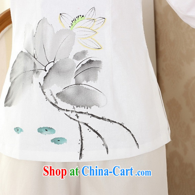 Spend the autumn and the new hand-painted dresses T-shirt cotton the linen Chinese Ethnic Wind blouses Tang with improved white XL, figure, and shopping on the Internet