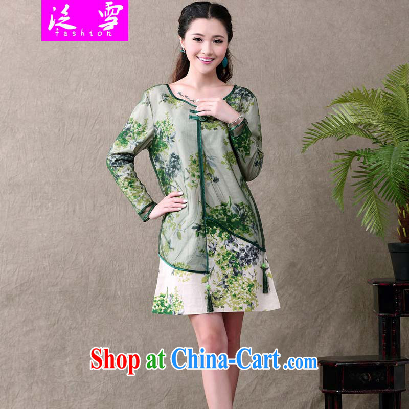 Snow and Ethnic Wind long-sleeved dresses leave of two new Chinese winds, stylish dresses, cotton clothes the simple sum women ethnic wind 613 green XXL, snow, shopping on the Internet