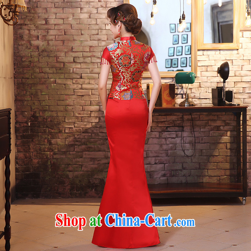 The United States and the dresses 2015 new marriages long crowsfoot red bows service retro improved lace Chinese Dress Q 0029 red XL, the US (Imeinuo), online shopping