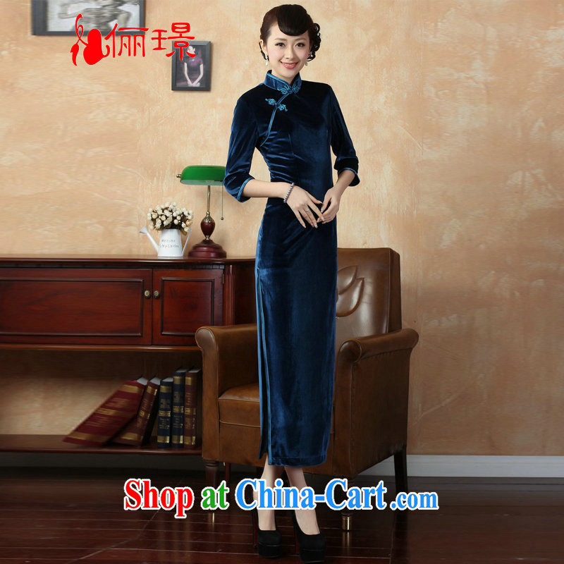 Again, Ms. Jing cheongsam dress-stretch-velvet cheongsam 7 cuff Chinese improved cheongsam dress - D Blue 2 XL