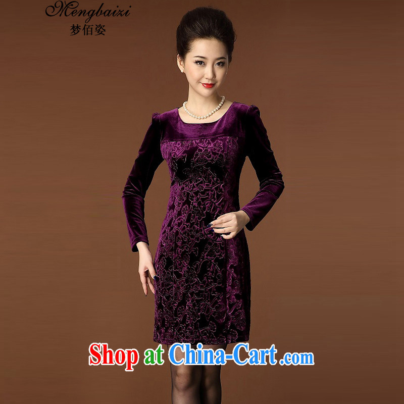 Let Bai colorful 2015 new, older dresses temperament the code graphics thin round-collar long-sleeved gold velour cheongsam QP 942 #purple XXL dream Bai beauty, shopping on the Internet