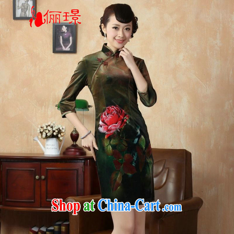 An Jing Chinese improved antique cheongsam dress, collar stretch the wool, short sleeves cheongsam army green 2XL