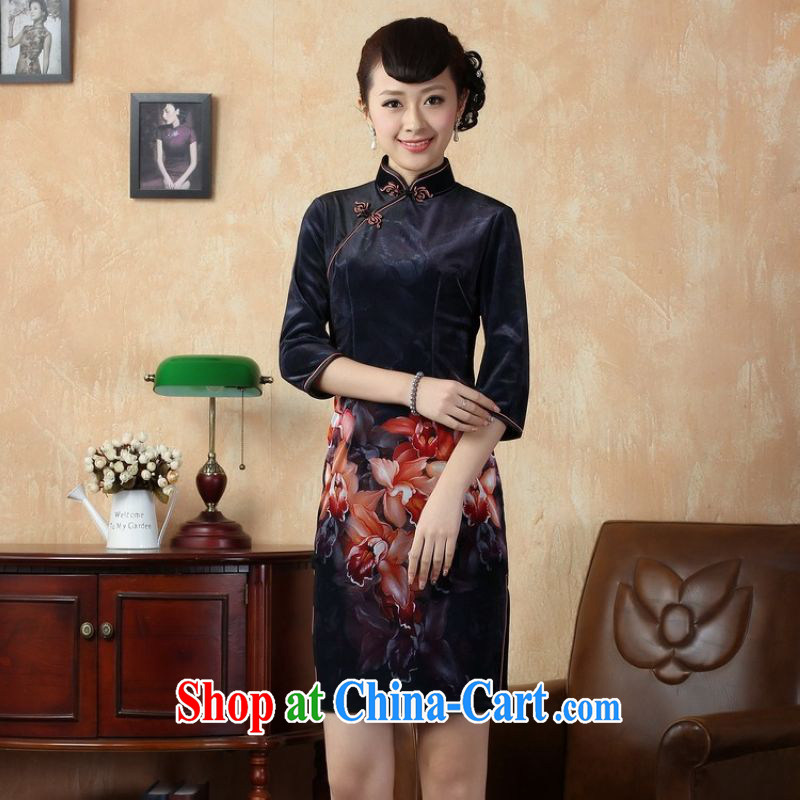 Allow Ms. Jing cheongsam dress dresses stretch the wool painting stylish classic in short sleeves cheongsam dress dark blue 2 XL, facilitating Jing, and shopping on the Internet