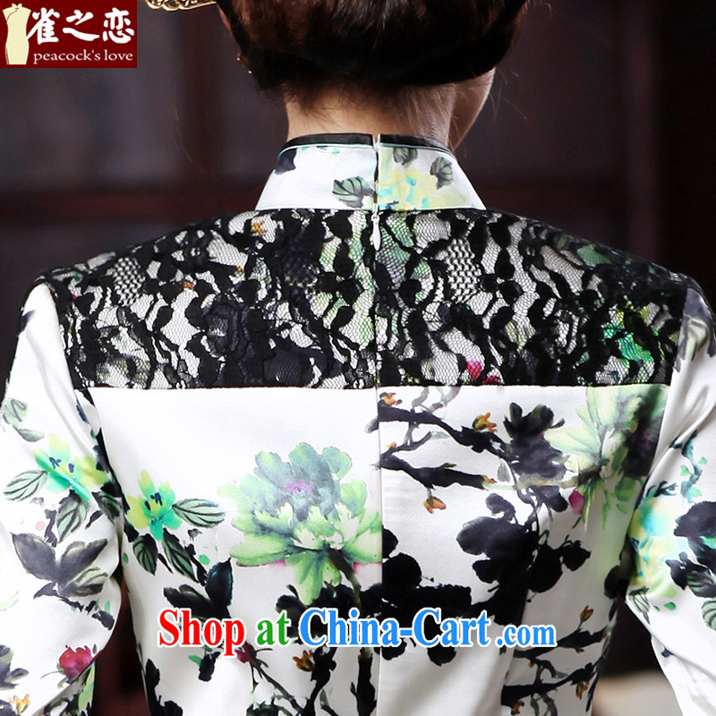 Bird lovers of light, spring 2015 the new cheongsam dress improved stylish lace stitching 7 short sleeves, silk cheongsam as XXL, birds love, and shopping on the Internet