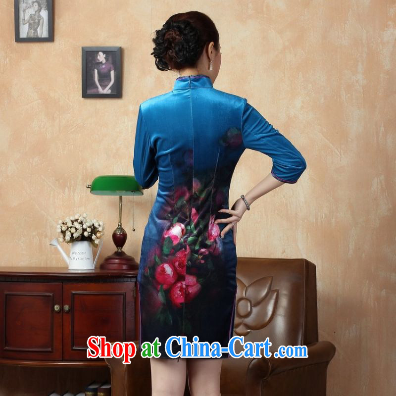 Jing An improved gold velour painting stylish classic in short sleeves cheongsam, qipao gown dresses the cyan 2XL, an Jing, shopping on the Internet