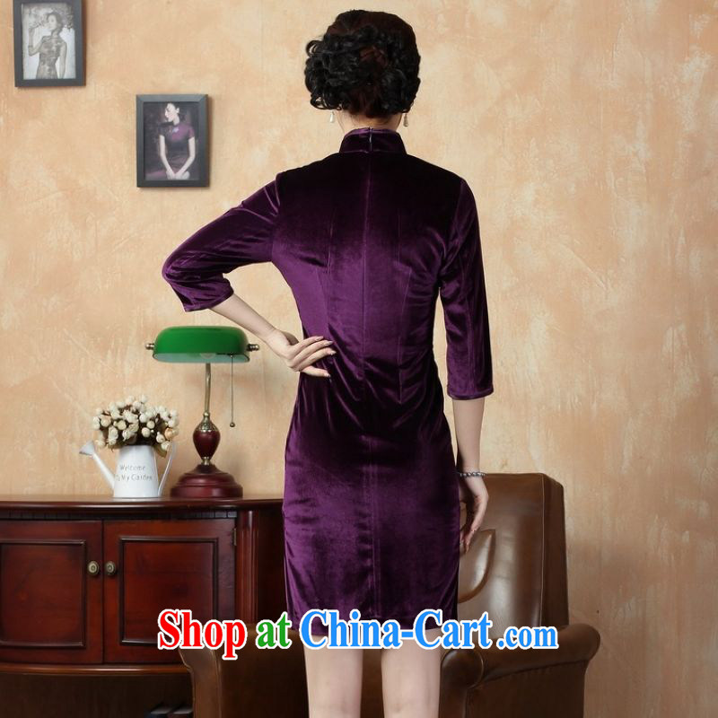 Miss Au King contributed new Pure color-stretch-velvet cheongsam 7 Ms. cuff cheongsam dress - B violet 2 XL, an Jing, shopping on the Internet