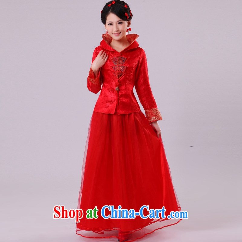 Serving a good solid red bridal spring and summer load serving toast wedding dress long-sleeved thick MM larger Chinese qipao dress long-sleeved dress qipao XL, good service, and shopping on the Internet