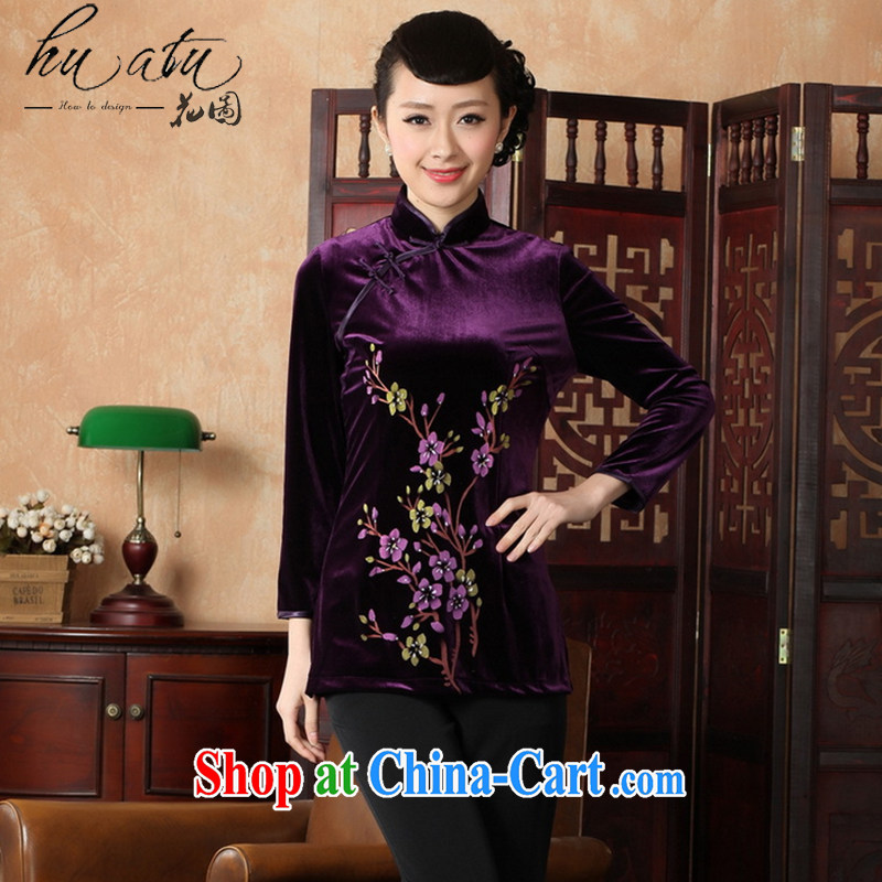 Spend the autumn and the new hand-painted Chinese, Ms. collar Chinese clothing Ethnic Wind women's clothing improved 9 cuff velvet cheongsam shirt - B XL 3