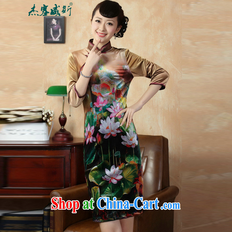 Jessup, new autumn and spring loaded gold velour hand-tie up for painting and elegant classic cheongsam Chinese dresses TD 0009 figure XXL