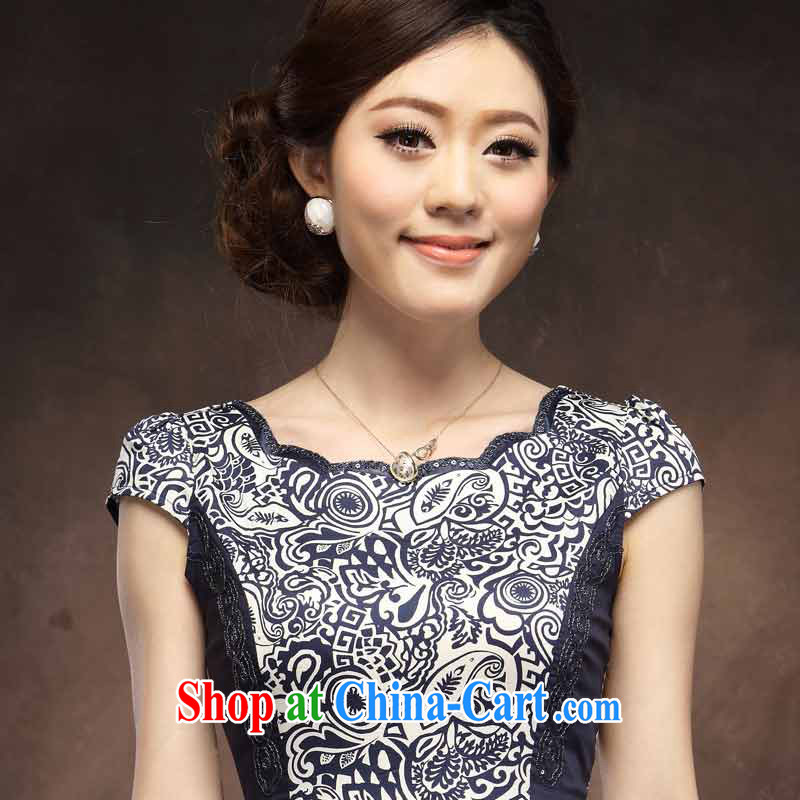 stylish blue and white porcelain cheongsam dress 2014 new summer girl short, improved cultivation blue flower XXXL, music, and shopping on the Internet