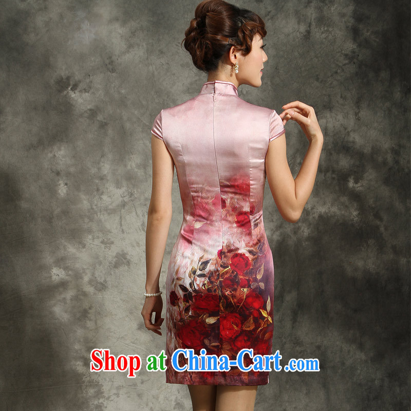 qipao cheongsam silk summer fashion 2014 new, genuine pink sauna Silk Cheongsam dress, cluster pink L, the cheongsam/Tang, and shopping on the Internet