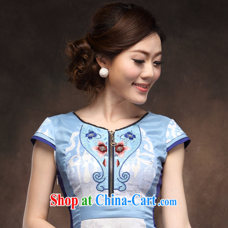 qipao cheongsam dress 2014 summer new stylish and improved blue and white porcelain a waist of Yuan dress skirt blue flower XXXL, music, and, on-line shopping