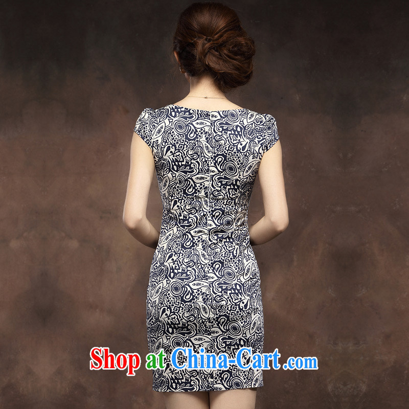 traditional costumes and stylish blue and white porcelain cheongsam dress 2014 new summer girl short, improved cultivation qipao blue flower XXXL, music, traditional costumes/Tang, and shopping on the Internet