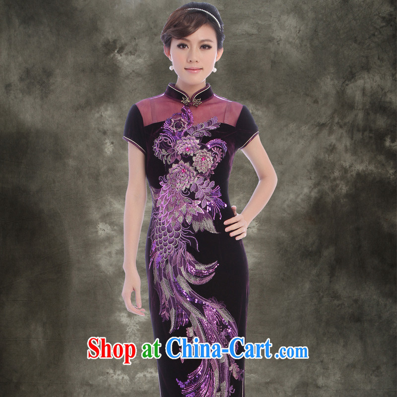 Velvet cheongsam cheongsam stylish and improved 2014 New Long, wedding her mother with the mother's dress 89 purple 4 XL, music, and shopping on the Internet