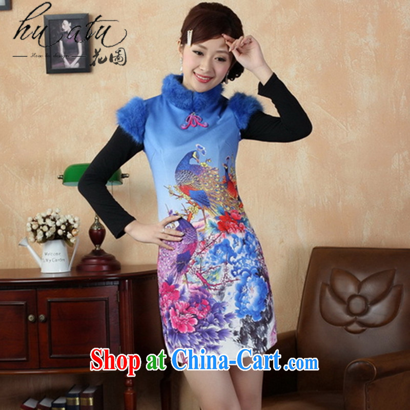 spend the winter, female Chinese qipao winter improved Chinese, short cheongsam gross cotton? cheongsam national costumes Blue on white 2 XL, figure, and shopping on the Internet