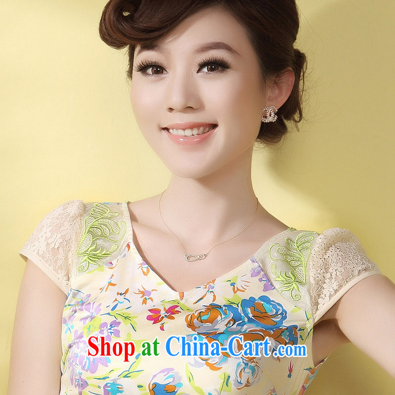 Girls dresses cheongsam dress improved summer 2014 new stylish short-day Chinese robes, apricot XXL, music, and shopping on the Internet