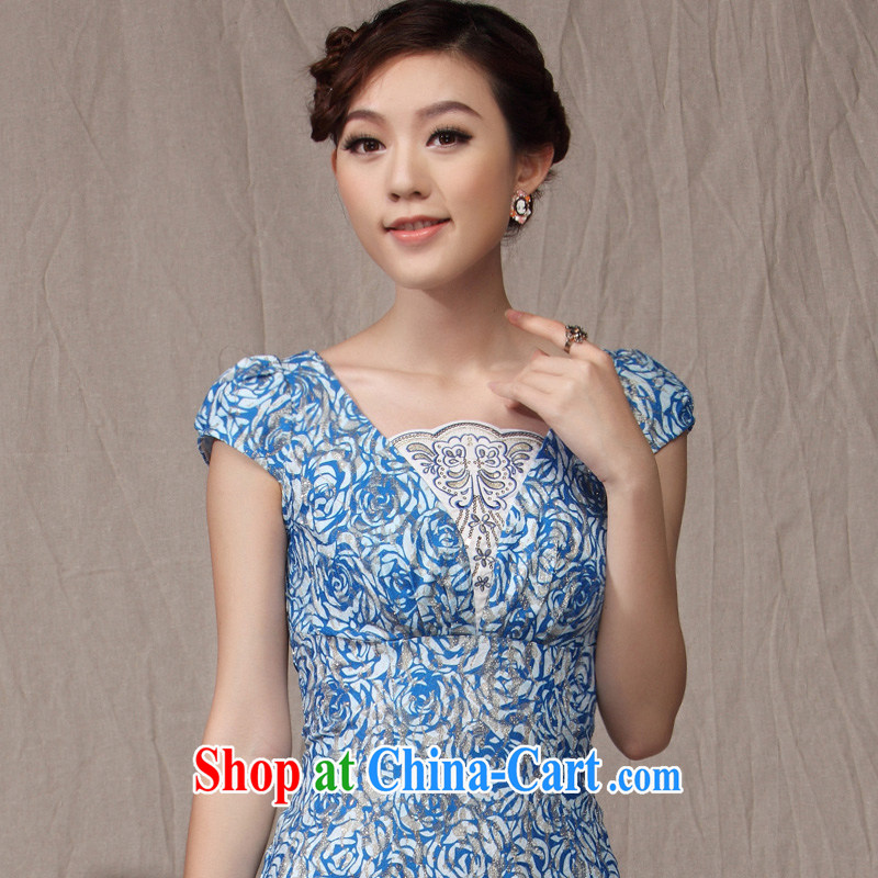 Dresses sexy V for cultivating temperament female qiapo 2014 summer new stylish and improved cheongsam dress blue XXL, music, and shopping on the Internet