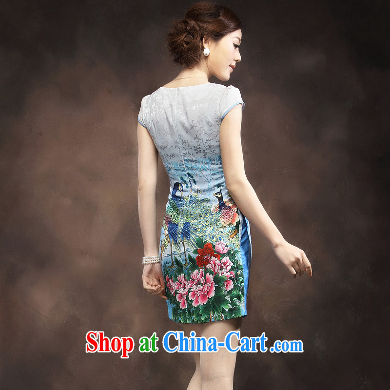 qipao cheongsam dress summer fashion 2014 New National wind Peacock embroidery style, Ms. short skirt blue XXXL, music, and shopping on the Internet