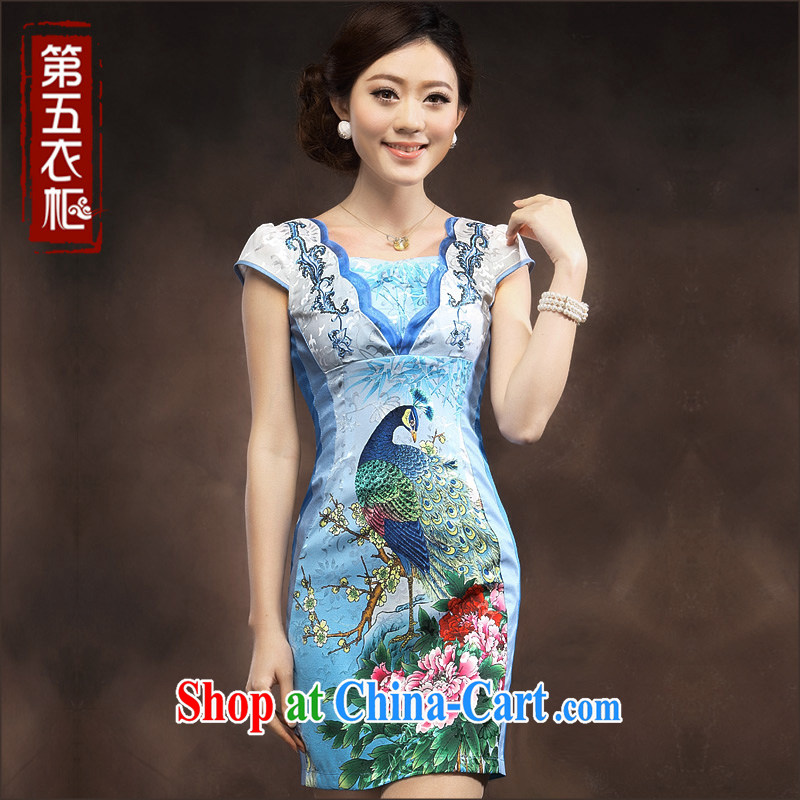 qipao cheongsam dress summer fashion 2014 New National wind Peacock embroidery style, Ms. short skirt blue XXXL, music, and shopping on the Internet