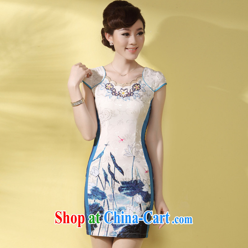 qipao cheongsam dress improved stylish 2014 summer new short, Sau San Tong with ethnic wind skirt, very focused on the blue flower XXL, music, and shopping on the Internet