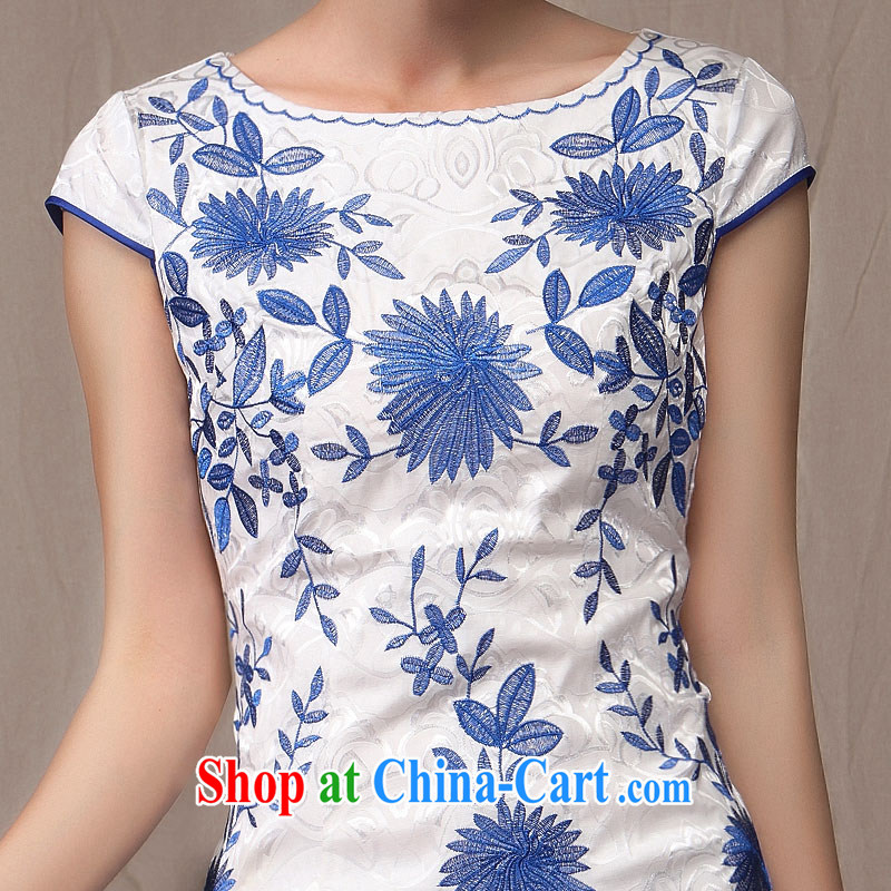 qipao cheongsam dress improved stylish 2014 summer new, blue and white porcelain short, elegant beauty female qipao white orchids XXL, music, dresses/Tang, and shopping on the Internet